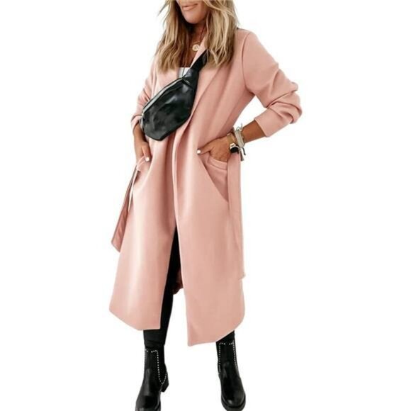 Womens Classic Coat Lapel Collar Open Front Light Pink - Picture 4 of 5
